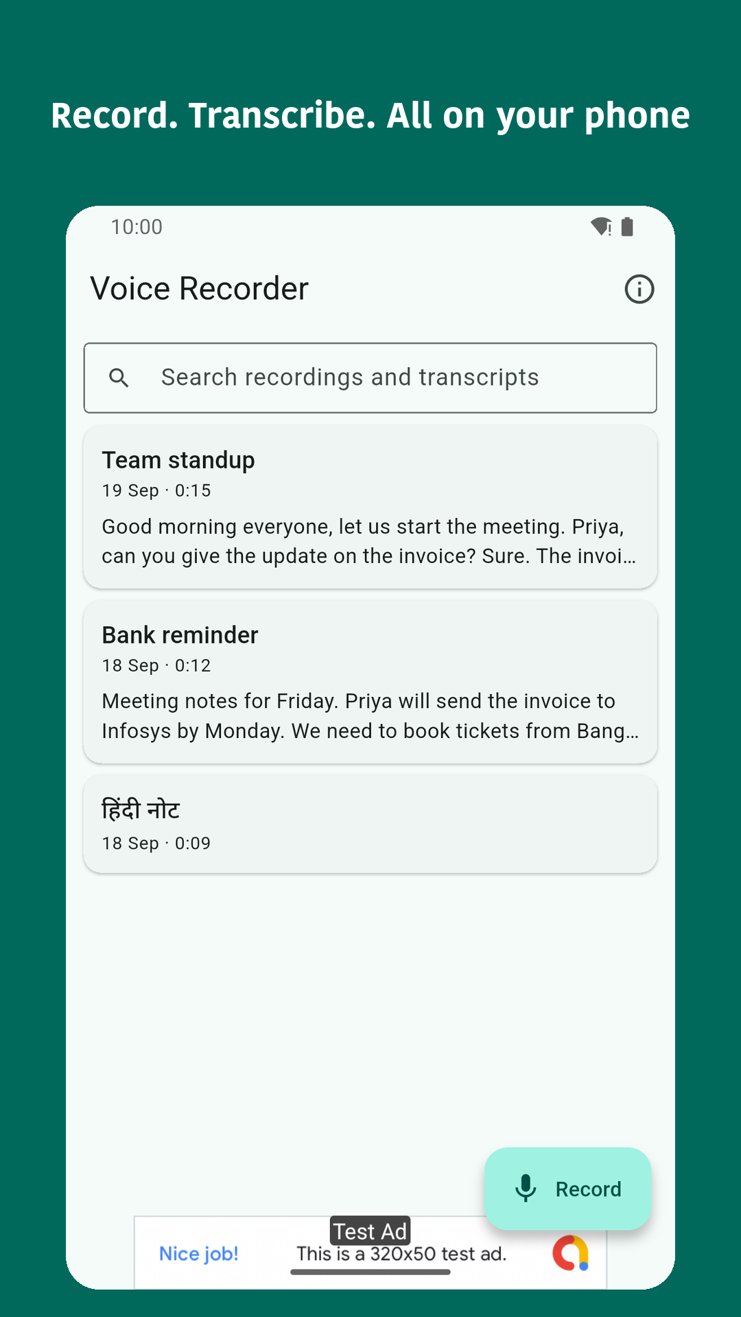 Voice Recorder home screen with the list of recordings