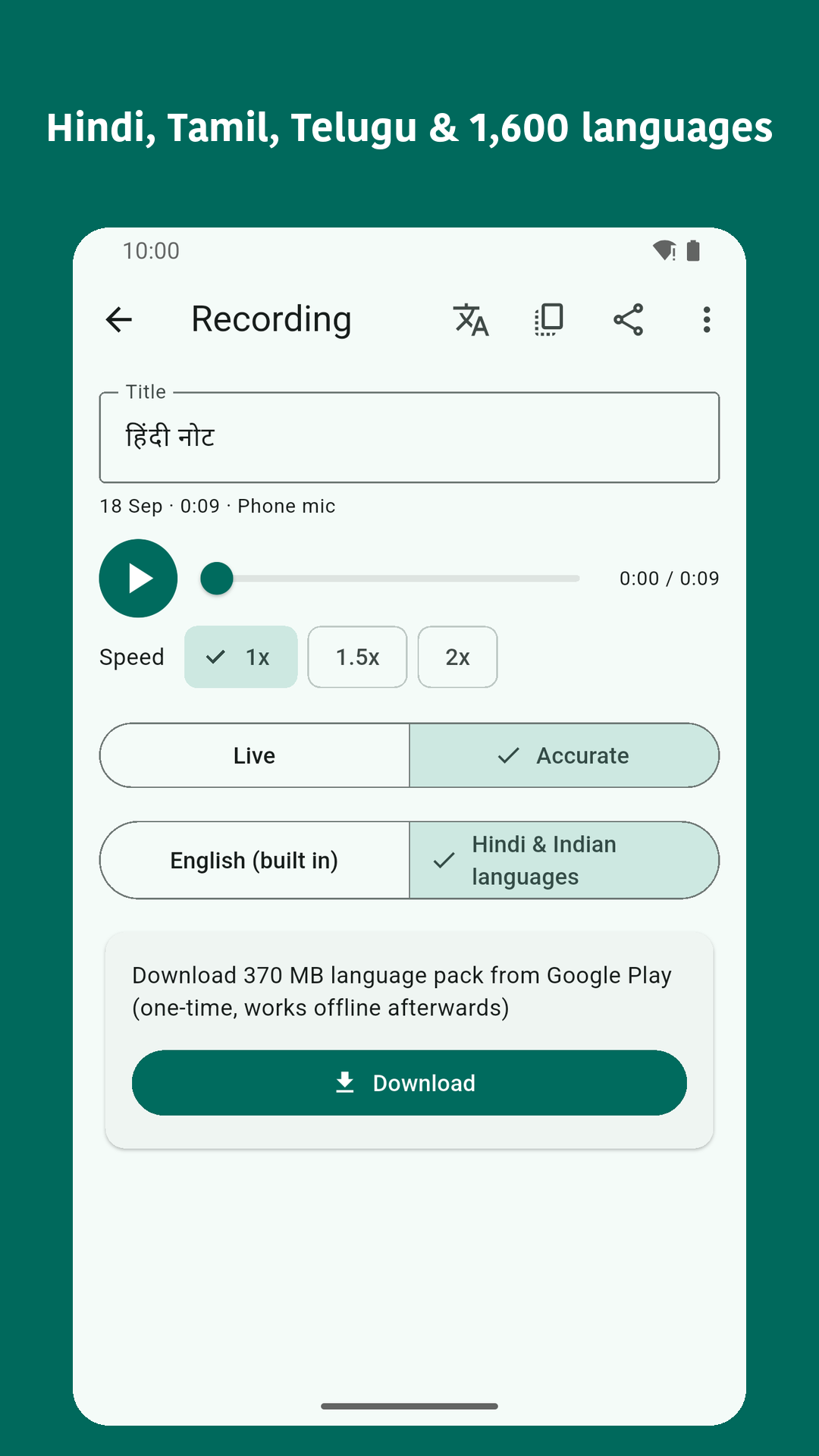 Downloading a language pack for transcription